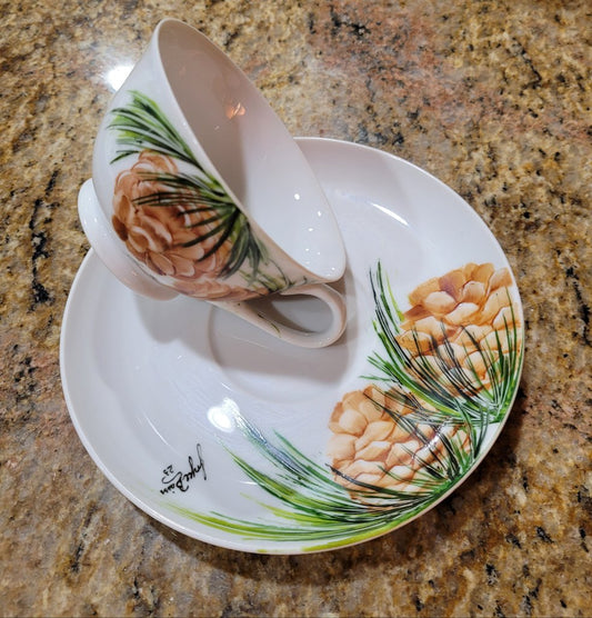 Cup and Saucer set with Pine Cones