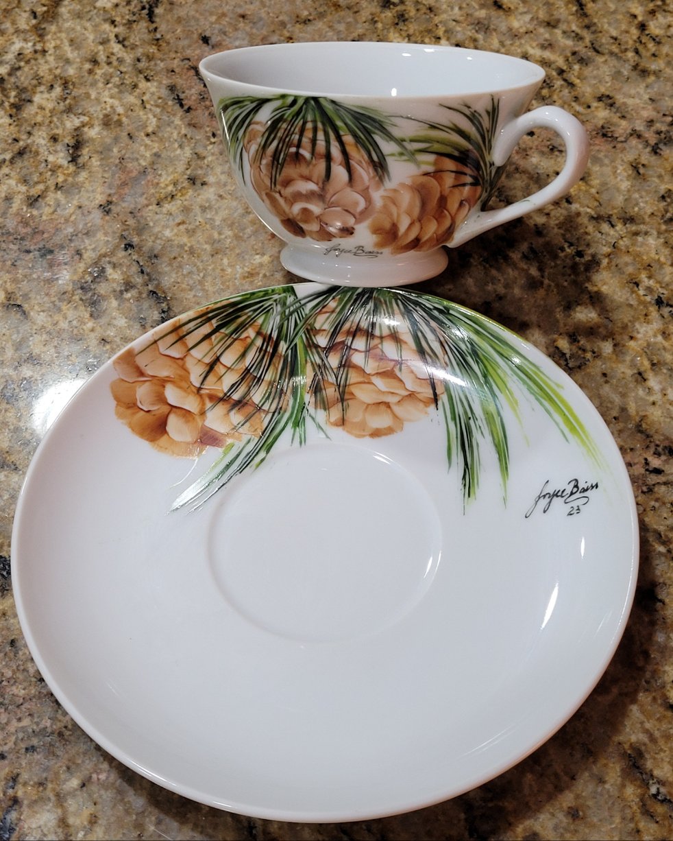 Cup and Saucer set with Pine Cones