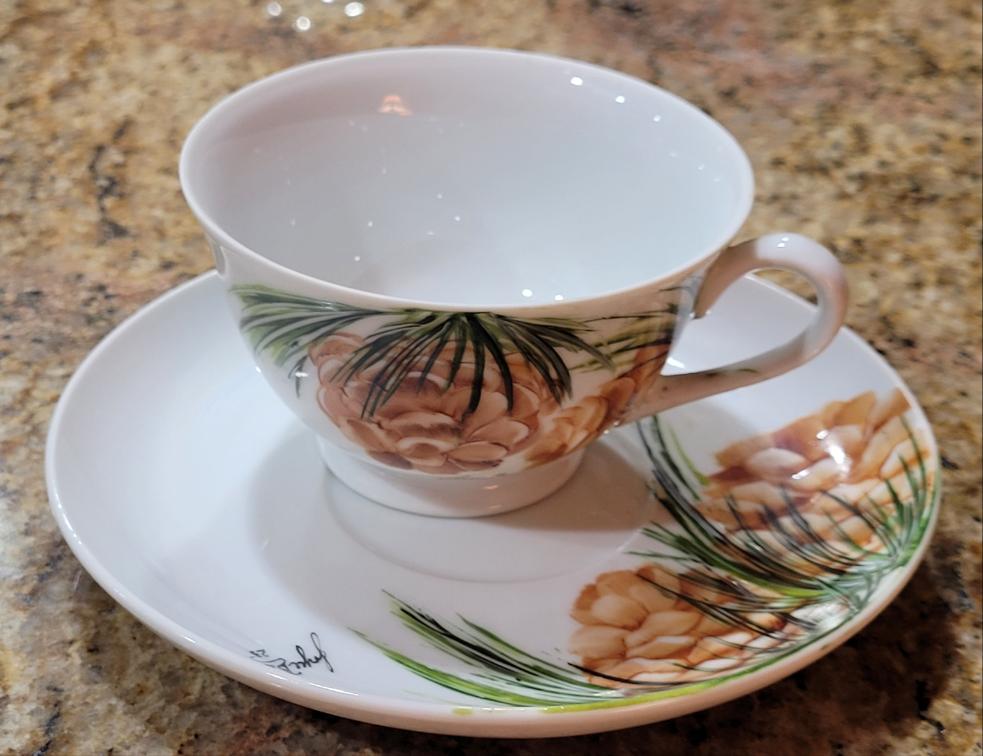 Cup and Saucer set with Pine Cones