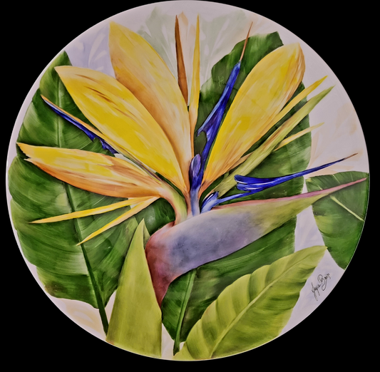 Plate with Bird of the Paradise Flower, 18in round.