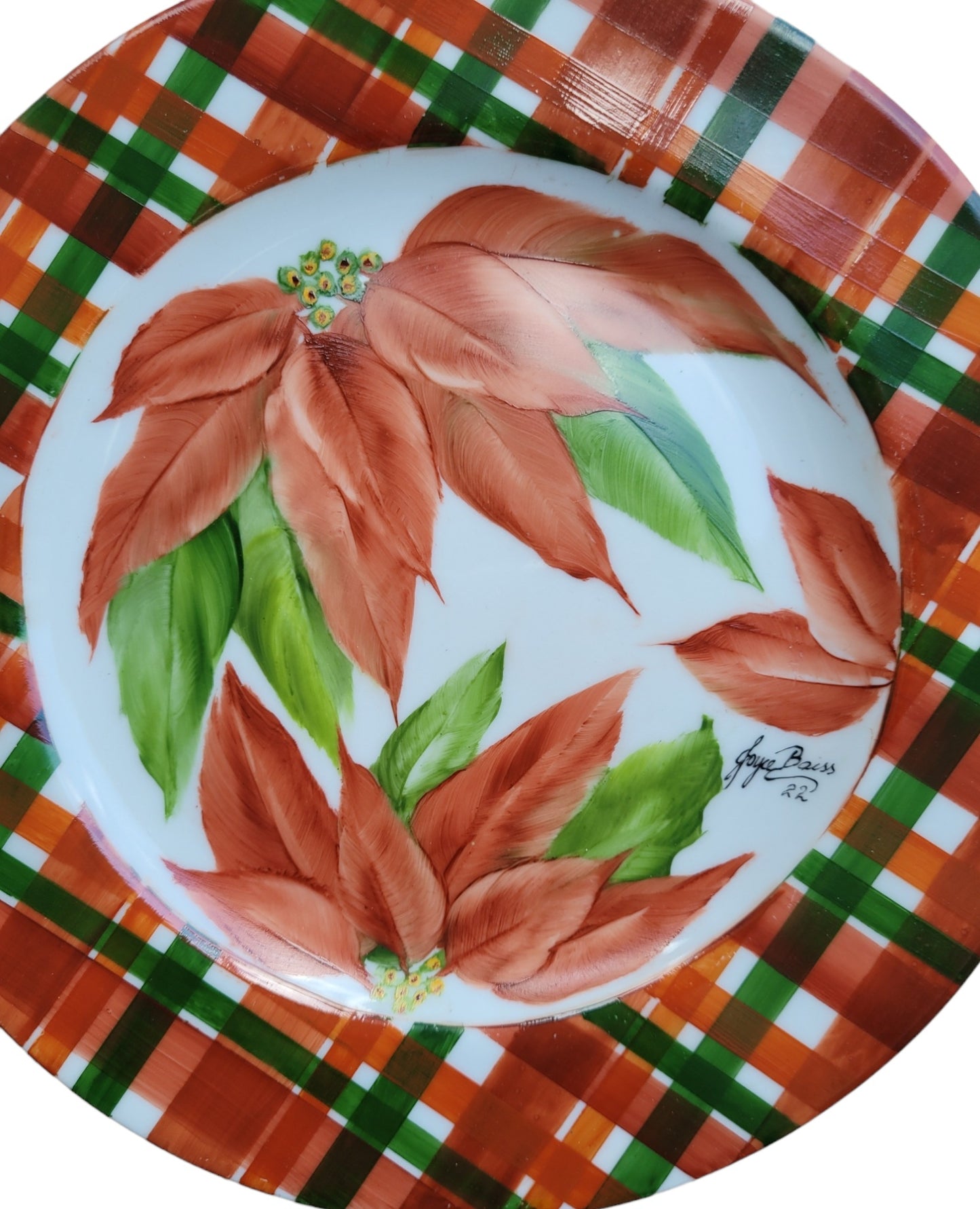 Plate with Poinsettia with plaid border