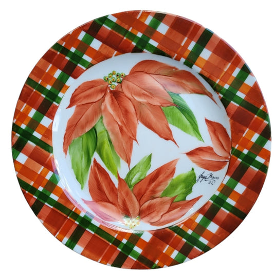 Plate with Poinsettia with plaid border